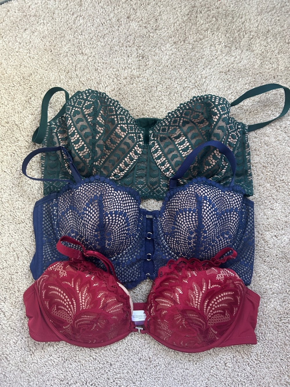 Adore Me Lace Push-Up Bra Trio in Green, Navy & Red
